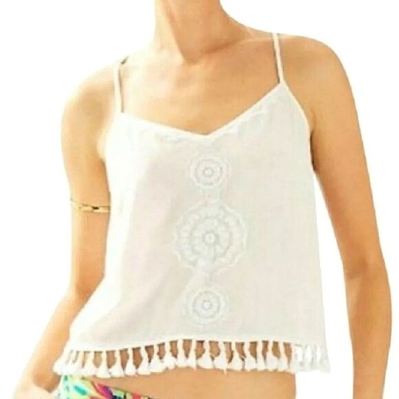 LILLY PULITZER WHITE EMBROIDERED TASSLE CROP TOP SLEEVELESS TOP RESORT XS - Picture 3 of 14